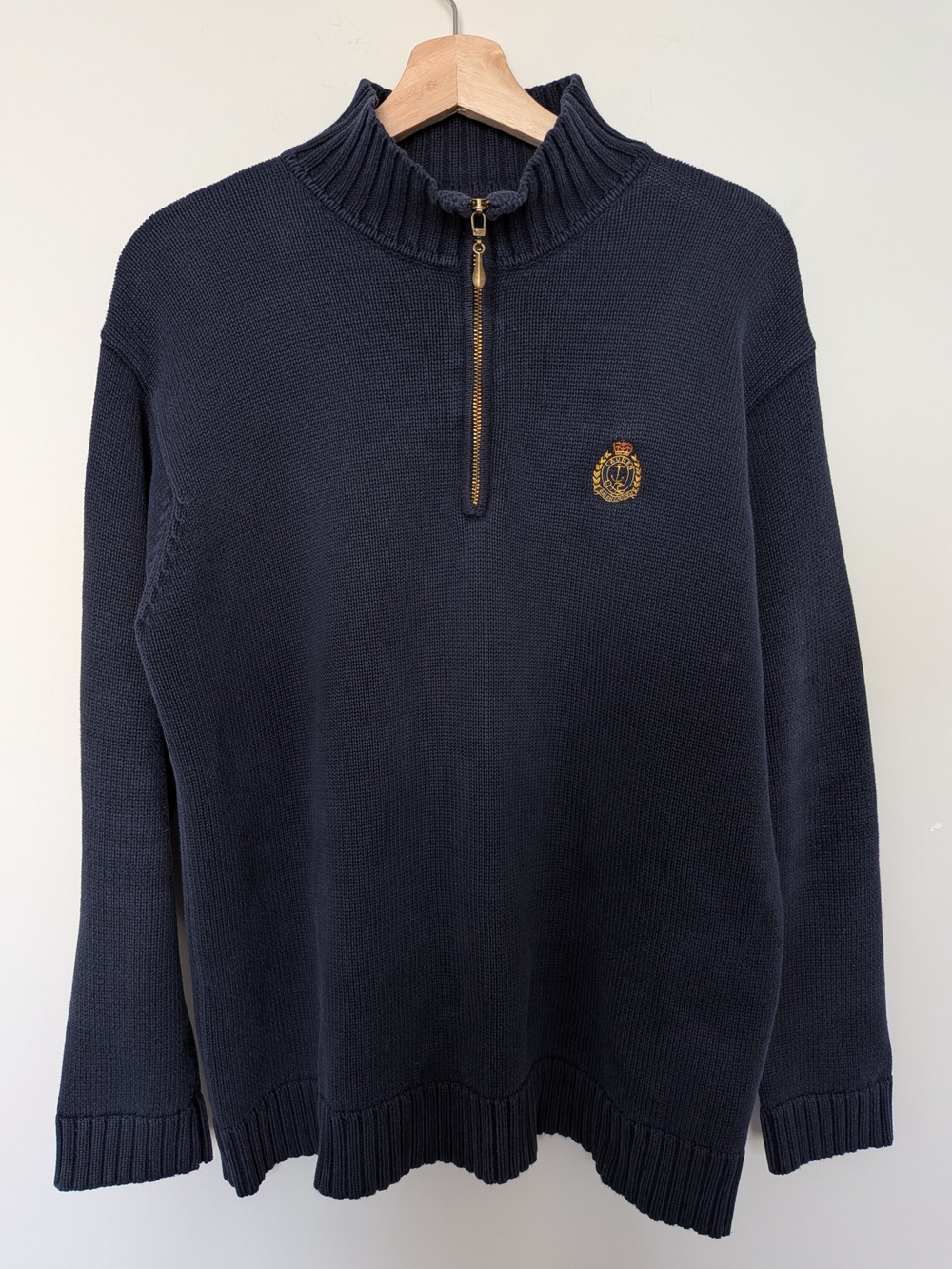 Lauren Ralph Lauren Navy Quarter-Zip Knit Sweater with Gold Crest